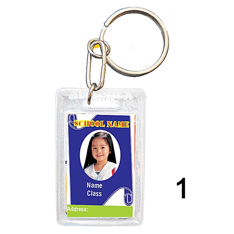 Transparent key chain of size 27x40.5 mm in Rectangle  shape designed for id card holder, company event or school custom logo. Fully customizable and personalized with thousands of designs and prints  You may also refer keychains as ket tags, key rings,